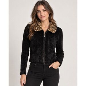 Willow Bay Zip Up Sweater M Black Leopard Faux Fur Collar Chenille Knit 90s Y2K